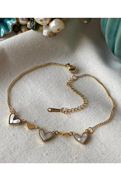 SU PERİSİ TAKI BİJUTERİ Steel Gold Triple Pearlescent Heart Anklet