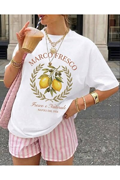 Marco Fresco Tricou alb cu imprimeu Lemon și guler tip crewneck