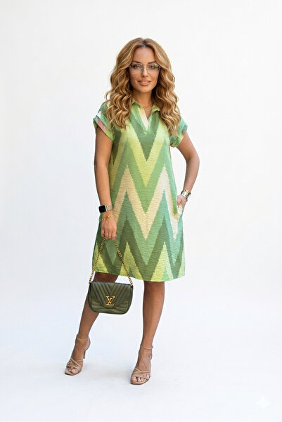 LOS FECHKA Rochie de damă cu guler polo cu model geometric cu mâneci cu șnur