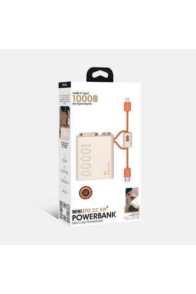 Mooni Tech Turuncu Krem Mini PD Powerbank 10000 mAh 22.5W Hızlı Şarj Lightnin...