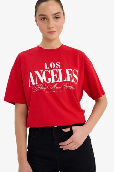 DeFacto Oversize Crew Neck Printed Short Sleeve Red T-Shirt G2267Ax26Sp