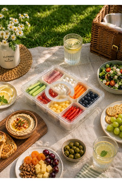Sowo Home 8-Compartment Portable Snack Box with Lockable Lid, Breakfast, Picnic Set, Multi-Purpose Storage Container