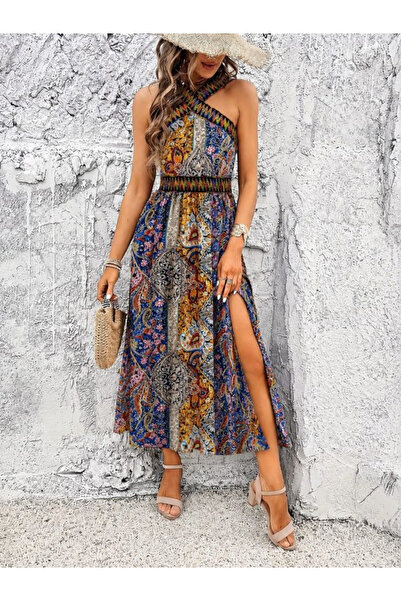 DRESSIFY WOMEN’S FASHION فستان نسائي طويل من قماش السوبر جيرسيه بفتحة أمامية ...