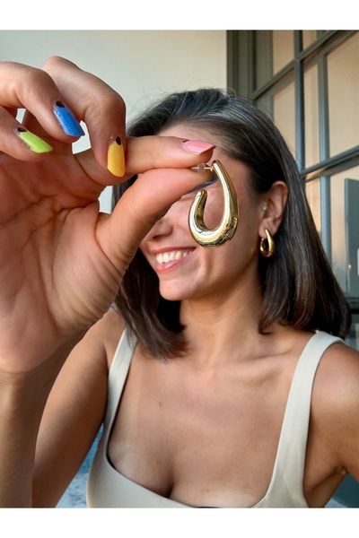 Merishe Jewerly Gold Imported Asymmetrical Curved Hoop Anti-Allergic Non-Tarn...