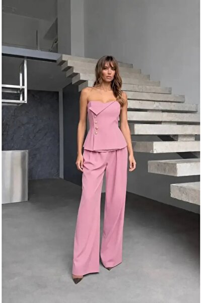Cool & Sexy Strapless Blouse and Pantalon Top and Bottom Set Pink