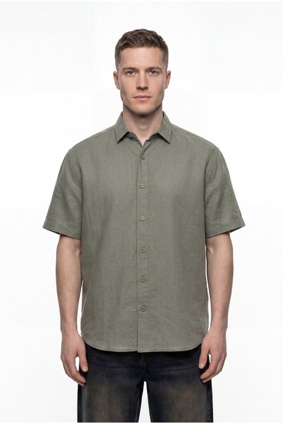 Machinist Men's Short Sleeve Oversize Linen Shirt Khaki