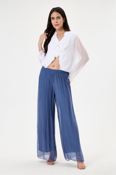 della moor Women's Blue Italian Elastic Waist Wide Leg Silk Trousers 38 - 48 ...