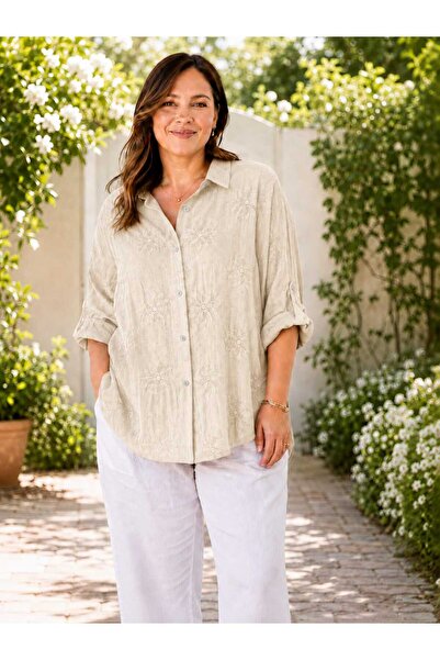 Butik Şans Women's Oversized Italian Shirt with Stripe Embroidery Detail