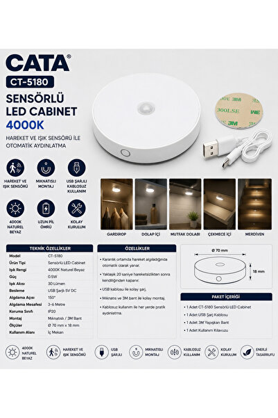 Cata CT-5180 Sensörlü LED Cabinet 4000K Şarjlı Mıknatıslı Kabin Aydınlatma
