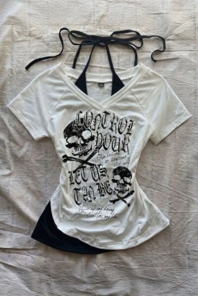 İsra Ayyıldız Moonstar Collection Beyaz Gotik Skulls Control Ek Askılı Kısa K...