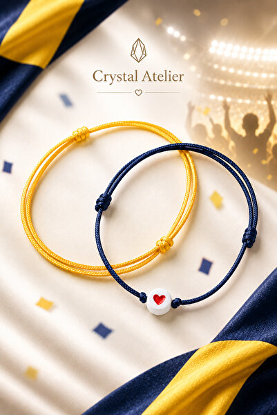 Crystal Atelier 2'li Sarı Lacivert Kalpli Makrome Taraftar Bileklik Seti Ayar...