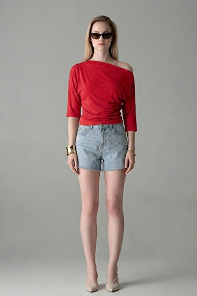 COMBİNE MİCHAİL Women's Short Sleeve Cotton Tight-Fitting Red T-Shirt