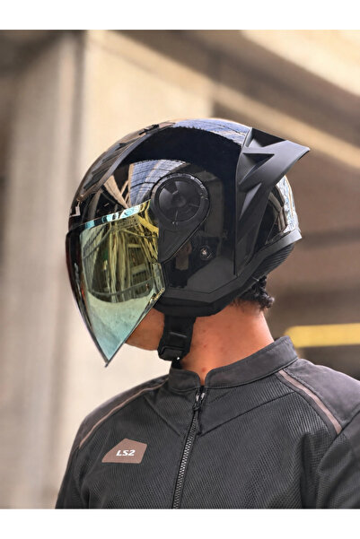 LS2 AIRFLOW 2 PARLAK SİYAH KASK (SARI VİZÖR + SPOILER)