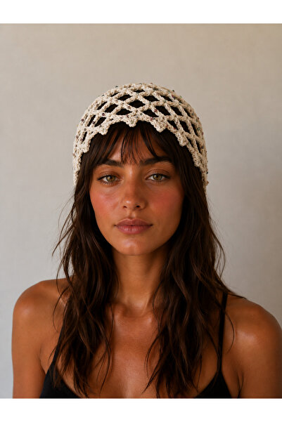 M&N Sequin Beige Color Mesh Knitted Bandana – Stylish Bohemian Summer Beanie