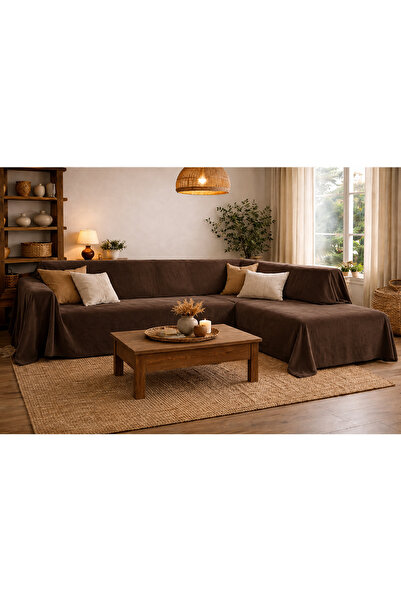 Sister Home Design 500x200 cm L Köşe Koltuk Örtüsü Ada Keten Natural Renk Kay...