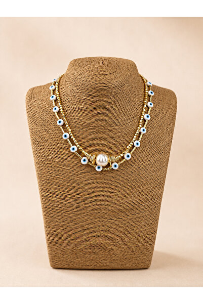 Takıtolia Eyes Double Evil Eye Figured Gold Color Multiple Combination Neckla...
