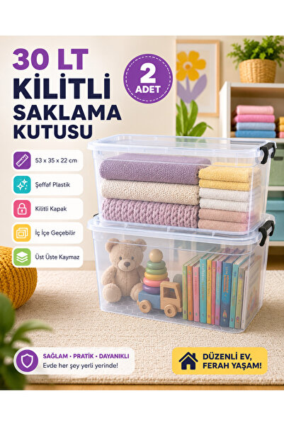 ZİVORA 30 Lt Transparent Lockable Storage Box 2 Pieces Pp Plastic Organizer S...