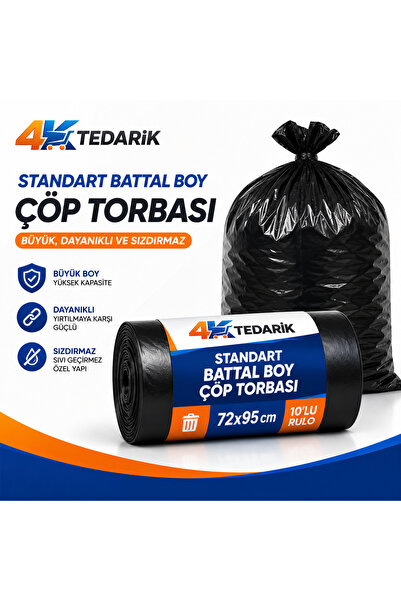 4K TEDARİK Standart Battal Boy Çöp Torbası 72x95 cm 10'lu Rulo | Büyük, Dayan...