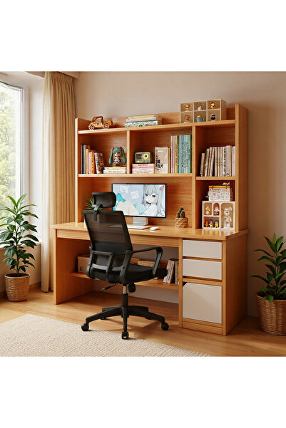 HI-FINE (is27)100cm Home Office Desk with Upper Bookshelf, Multi-Drawer Stora...