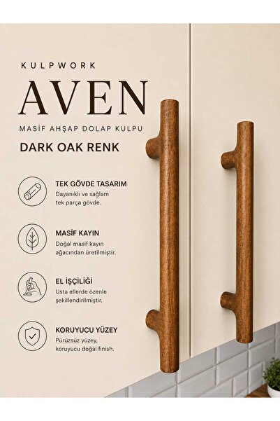 Kulpwork Aven Dark Oak Renk Masif Ahşap Mobilya Mutfak Dolap ve Çekmece Kulpu...
