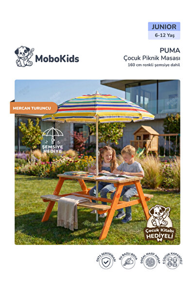 mobokids 4 Kişilik Çocuk Piknik Bankı Puma Masif Ahşap Junior 6 - 12 Yaş Şems...