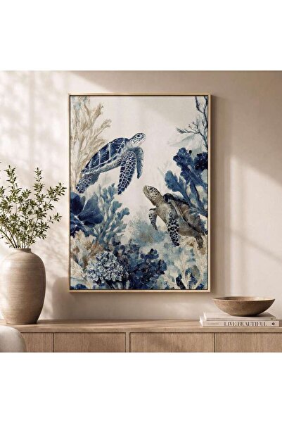 PAN HOME Sea Turtle Linen Printed Framed Wall Art 52x72cm - Blue