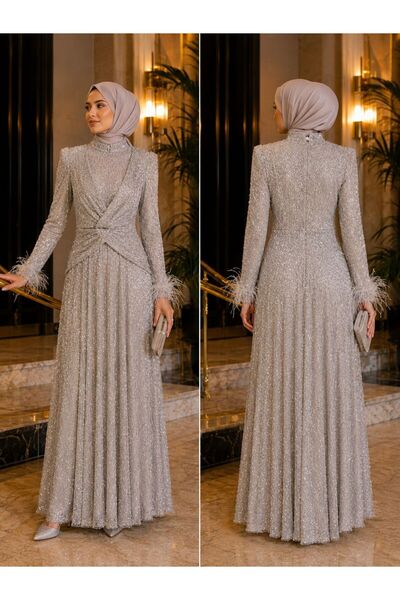 Lacrima Women's Hijab Evening Dress, Glitter Embroidered Waist Detail, Long S...