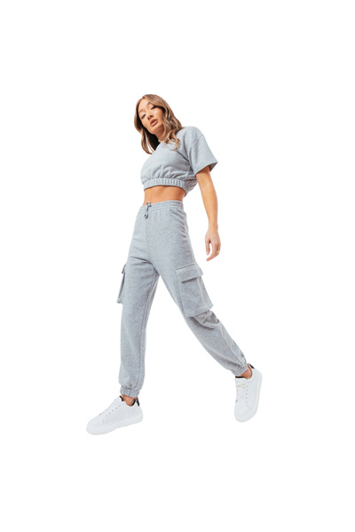 JUST HYPE Justhype Tricou crop din molton, Joggeri cargo, Pantaloni de damă