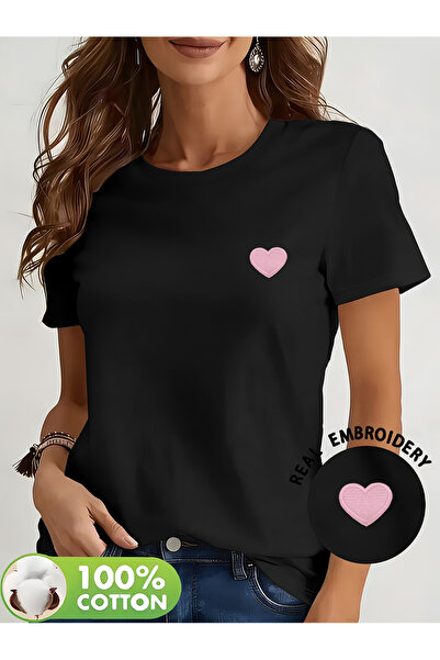 121 Women's 100% Heart Embroidered T-Shirt - Soft and Comfortable Short Sleev...