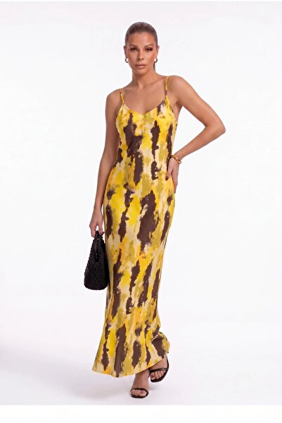 LOS FECHKA Women's Yellow Brown Patterned Satin Stylish Summer Dress