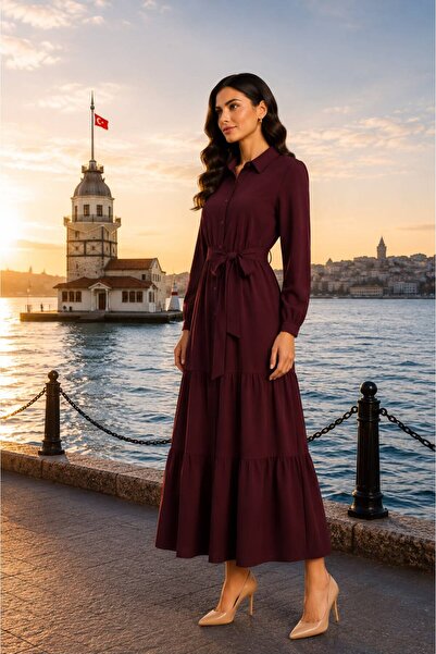 PAYİNİ Shirt Dress with Belt Maxi Length Long Sleeved Dress