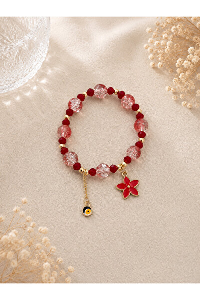 Lilith Takı Red Flower Detailed Evil Eye Beaded Bracelet – Women's Elastic St...