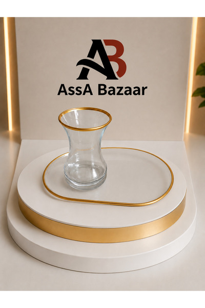 ASSA BAZAAR Gold Gilded 2-Piece Glass Tea Cup and Glass Tea Saucer Dowry Gues...