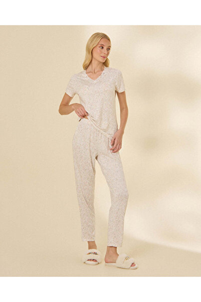 REDTAG Women's Lace Trim V-Neck Printed Pajama Set