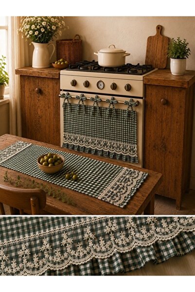 SP CONCEPT My Kitchen Nakışlı Yeşil Ekose Fırın Perdesi ve Runner Seti – Dant...