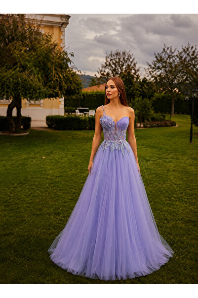 HS SPOSA KADIN ABİYE LİLA PRENSES MODEL ÇİÇEK DETAYLI TAŞ İŞLEMELİ DAVET-NİŞA...