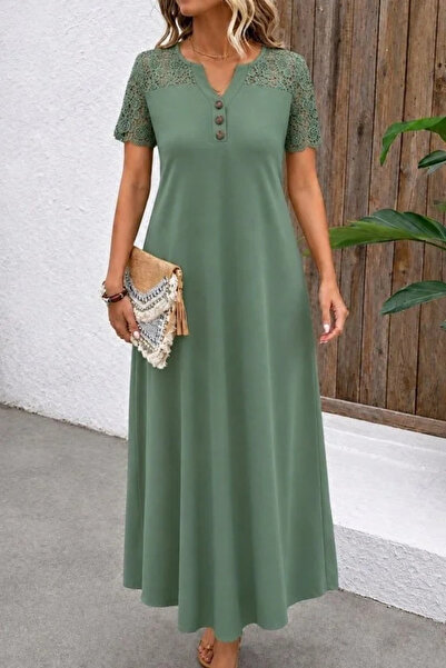 Generic Brand Women's Short Sleeve Lace Button Detailed Long Waffle Dress