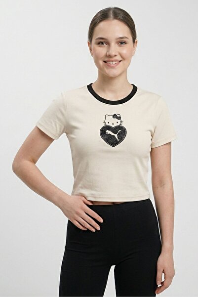 Puma x Hello Kitty Women Slim Fit Short Sleeve Outdoor Crop Top, Off White