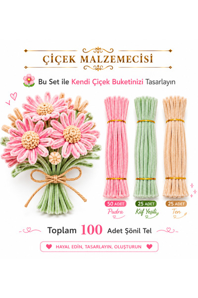 Çiçek Malzemecisii 100 Adet Renkli Şönil Yapım Kiti – 50 Adet Pudra, 25 Adet ...