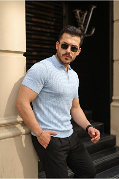 Efnaz style تي شيرت تريكو للرجال بتصميم محبوك وياقة بسحاب