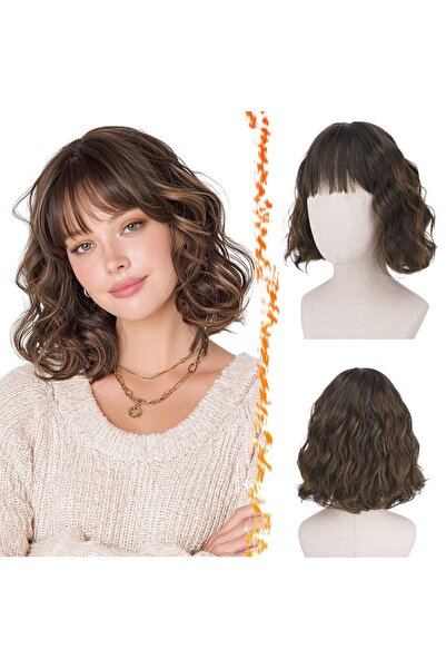 Dotail Perucă bob ondulată, cu breton, ușoară, 30 cm, din fibră sintetică, st...