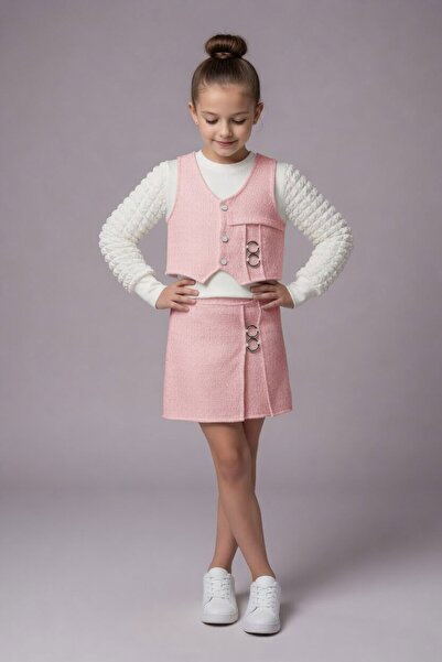 Cansın Mini Pink Girls' Tweed Vest, Shorts and Balloon Sleeve Bodysuit 3-Piec...