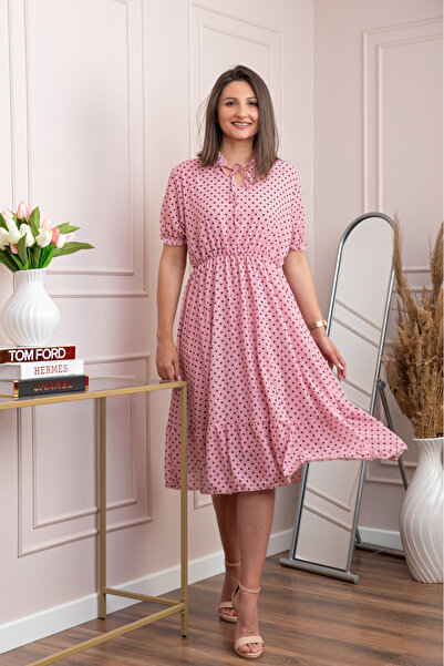 OEM Rochie retro roz pudrat Leslie cu buline negre si maneci bufante