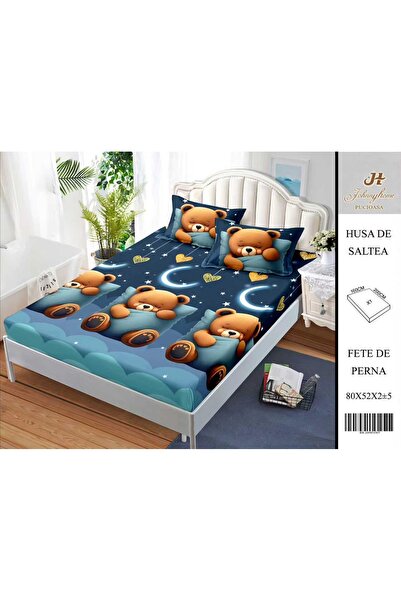 naniland.ro Husă de Pat Bumbac Satinat 2 Persoane 3 Piese Cu Elastic 160x200 cm