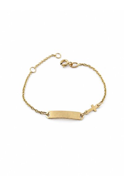 Aur 585 Brățară copii din aur galben 14k, cu plăcuță și cruciuliță, 12–14 cm,...