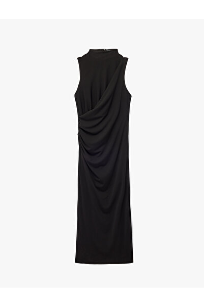 Koton Crepe Scuba Fabric Slit Detailed High Neck Flowy Sleeveless Midi Dress
