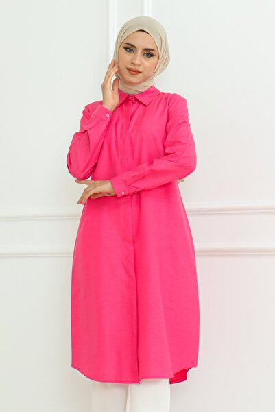 comstar Rochie cămașă cu guler polo, fucsia, extra lungă, premium, pentru femei