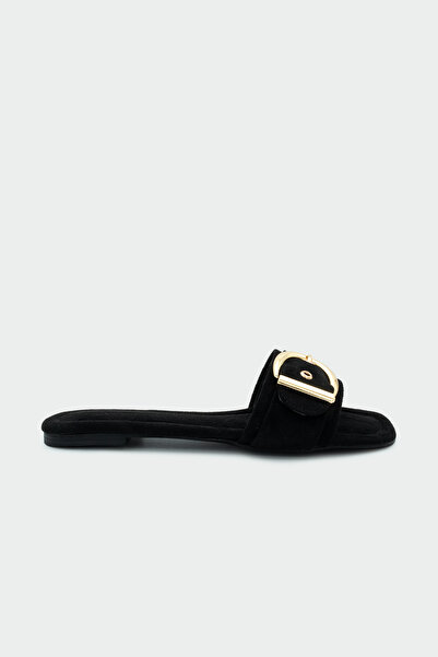 LAMİNTA Rios Suede Gold Buckle Detailed Women's Black Suede Flat Slippers