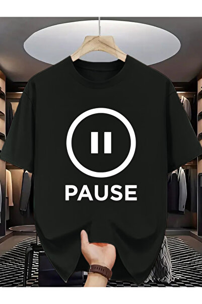 NOURAM تي شيرت بأكمام قصيرة مطبوع باللونين الأسود والأبيض من PAUSE، تصميم عصر...