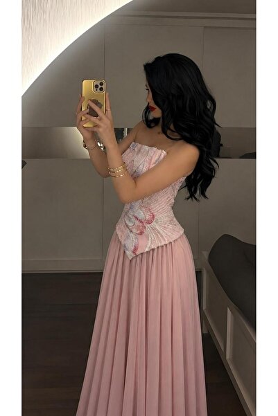 led style Embroidered Corset Evening Gown with Chiffon Skirt